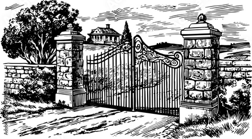 Ornate iron gate with vintage design beside stone pillars. Set in a landscape with grass and trees, it is a countryside vector illustration.