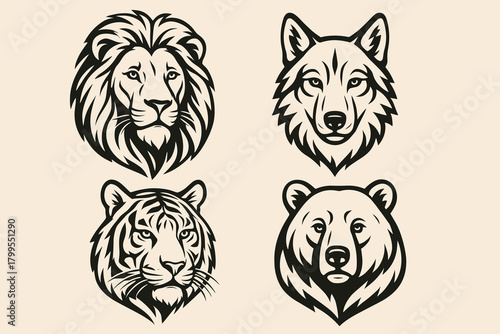 Stylized animal head illustrations featuring lion, tiger, wolf, and bear on a light background