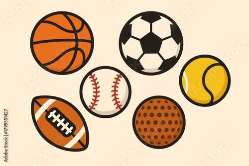 Collection of various sports balls including basketball, soccer, baseball, and tennis on beige background