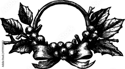 Decorative wreath with leaves and berries featuring a ribbon. This classic black and white vector illustration offers a stylish and handcrafted design.