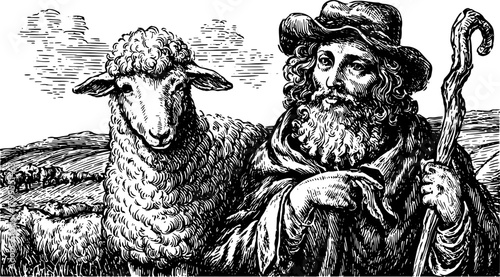Shepherd with sheep and flock in a rural landscape. Vintage black and white vector illustration set in traditional engraving style.