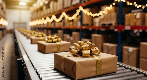 Gift boxes on conveyor belt in warehouse with holiday decorations  