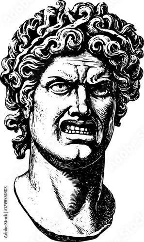 Head sculpture in classical style. Detailed bust with muscular features and ornate hair, presented in a monochrome vector illustration set.