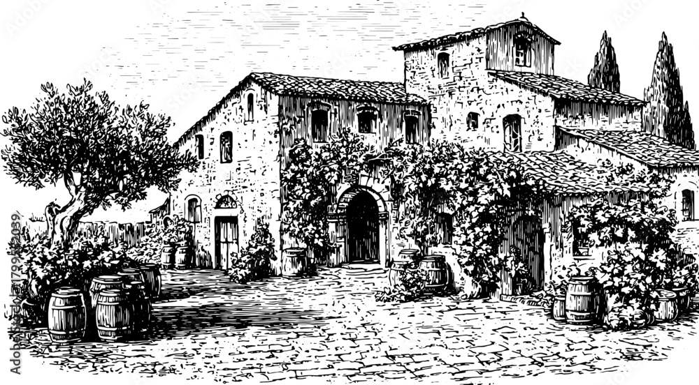 Naklejka premium Vintage illustration of a tuscan building set in a rural courtyard with foliage and barrels. The stone structure features a tree, creating a rustic vector image.