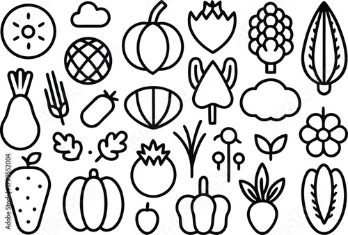 Collection of outline icons representing fruits, vegetables and nature elements