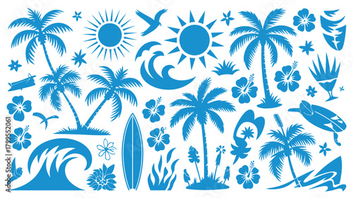 Collection of Blue Tropical Summer Icons, Including Palm Trees, Sun, Waves, and Surfboards