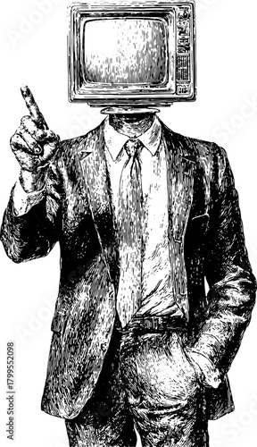 A vintage television replaces a man's head in a suit. Monochrome sketch vector illustration in a surreal retro style.