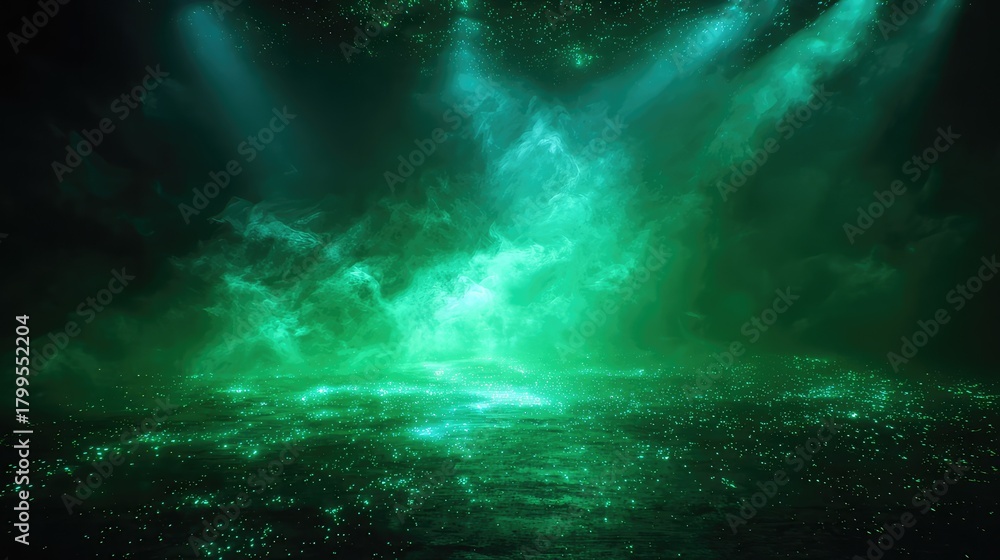 Fototapeta premium Abstract green glowing mist particles on dark background