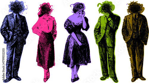 Vintage illustration featuring men and women in formal attire. This black and white vector artwork showcases an outline style in an engaging set.