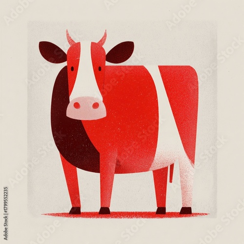 Abstract Red and White Cow Illustration with Minimalist Design, Ideal for Poster, Wallpaper, Graphic Design and Farm-themed Compositions