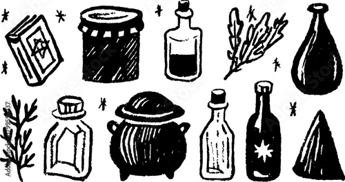 Collection of magical potion bottles and cauldron. Simple black doodle illustration featuring herbs and containers in a vintage style vector set.