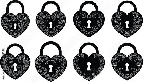 Eight black heart shaped padlocks with white floral and leaf line art keyhole