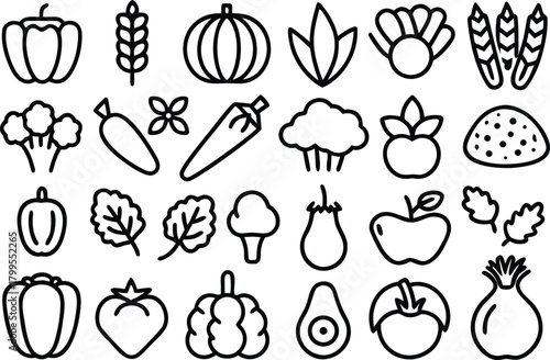 Healthy vegetables and fruits icons vector illustration set, line art
