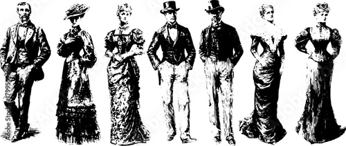 Engravings of vintage fashion silhouettes for both men and women. This black and white vector illustration showcases elegant historical costumes in a set.