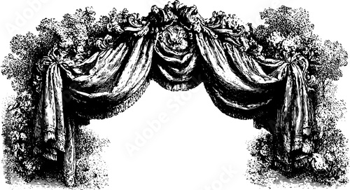Curtain and drape set with ornate forest details in a vintage sketch style. Black and white classical vector illustration.