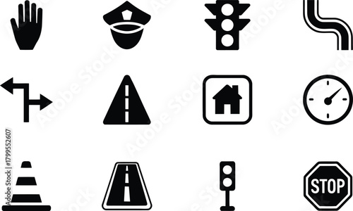 Set of traffic and road safety icon. Black vector navigation, Stop, Signal, Map and Police Symbols.