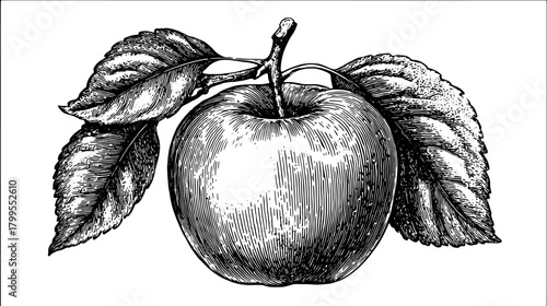 Apple with leaves on a branch in vintage style. Black and white vector illustration with detailed line engraving.