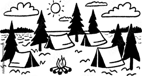 Camping scene with tents and trees in nature. Simple black and white vector illustration of an outdoor campsite set.