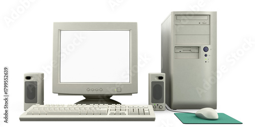 Фотография Isolated vintage desktop computer setup with CRT monitor turned on and glowing w