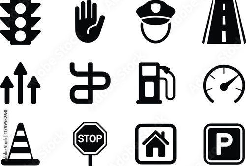 Set of traffic and road safety icon. Black vector navigation, Stop, Signal, Map and Police Symbols.