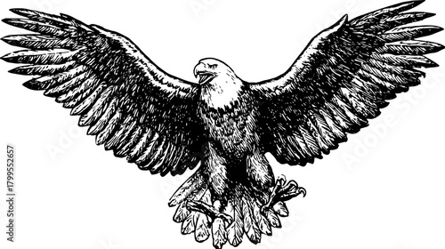 Eagle with outstretched wings in vintage outline style. Black and white vector illustration captures the essence of wildlife in detail.