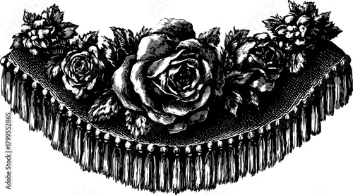 Engraved floral design featuring roses and decorative accents. This vintage illustration showcases fine details in a classic black and white vector set.