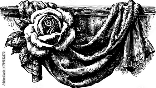 Rose silhouette engraving with intricate details in a vintage style. Hand-drawn vector illustration showcasing the elegant flower and draping leaves.