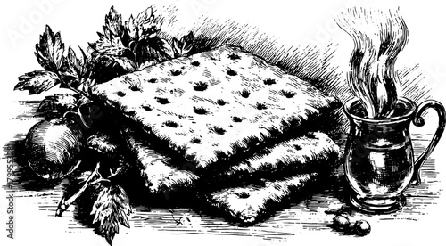 Antique engraving print featuring a biscuit set with herbs and a steaming cup. A detailed vector illustration showcasing kitchen culture.