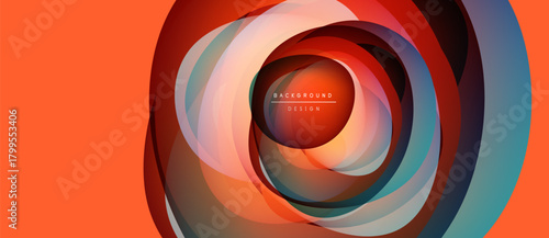 Abstract swirling layers create dynamic tunnel illusion. Orange hues dominate, with red, blue accents. Modern design element.