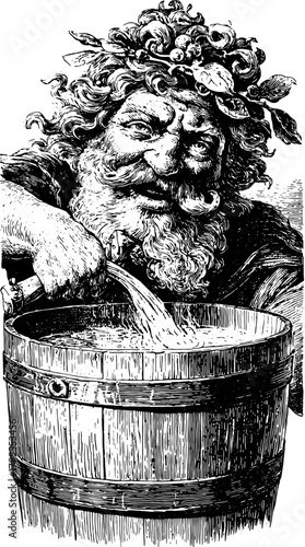Bacchus vector illustration showing a vintage figure pouring wine from a barrel. Classic black outline drawing in a hand-drawn style.
