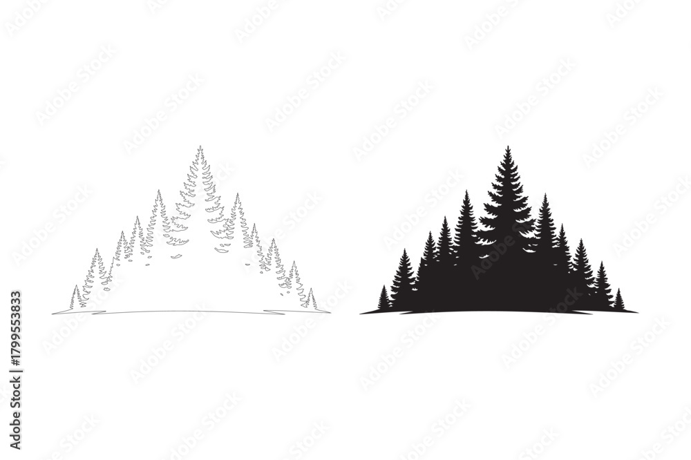 Obraz premium Two triangular forest silhouettes one detailed and one outline