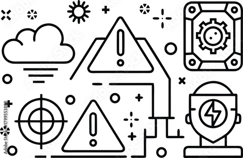 Caution and technology icons collection for alerts and system status on white