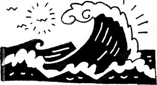 Black silhouette of a wave with sun in a hand-drawn style. Vector illustration for a simple background design.
