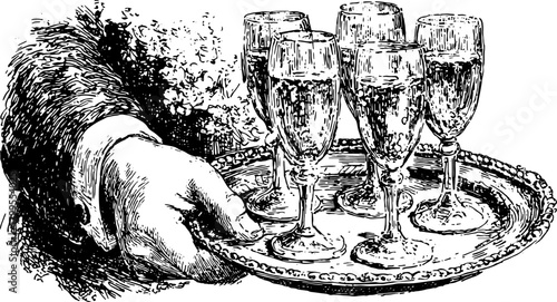 Antique engraving of a hand holding a tray with glasses. This elegant vector illustration features sophisticated tableware in a vintage style.