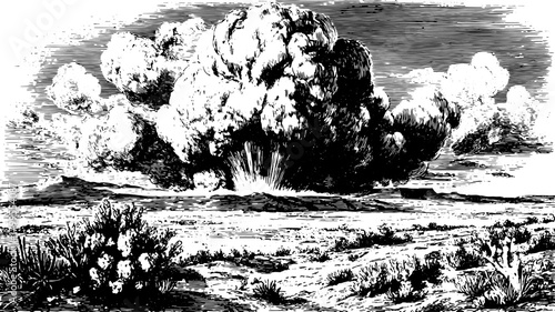 Engraving of an explosion with smoke clouds over a distant landscape. A black and white vector illustration with detailed outlines and textures.
