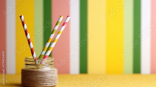 Colorful Paper Straws in Glass Jar with Twine Wrap, Set Against Vibrant Striped Background, Ideal for Party Poster, Wallpaper and Festive Decor with Cheerful Aesthetic
