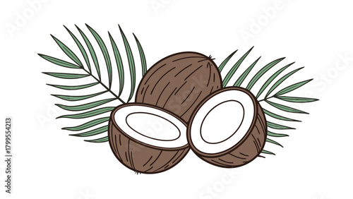 Two Whole Coconuts and One Halved Coconut with Green Palm Leaves Keywords: coconut, coconuts, whole coconut, halved coconut, tropical fruit, palm