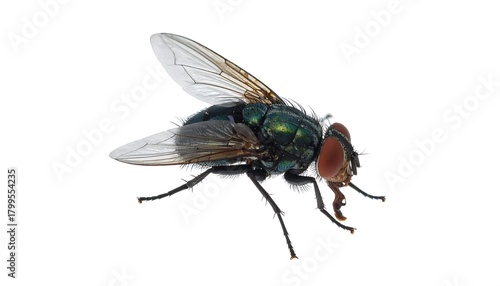 Close-up of a common house fly isolated against a white background