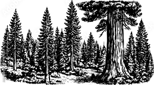 Engraving of a forest featuring trees in a vintage style. Hand-drawn illustration with detailed outlines, perfect for a vector set.