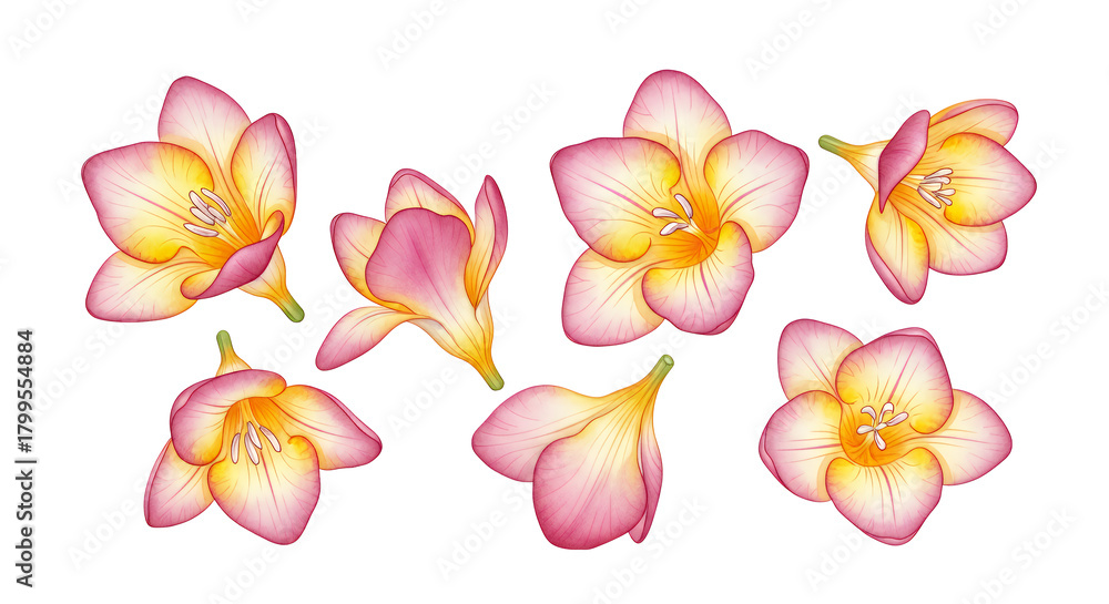 Naklejka premium Exquisite hand-drawn Freesia flower illustrations in bloom, displaying warm pink and yellow hues, ideal for elegant botanical compositions and spring designs