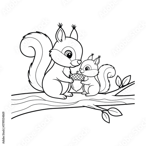 Two cartoon squirrels on a tree branch sharing an acorn line art
