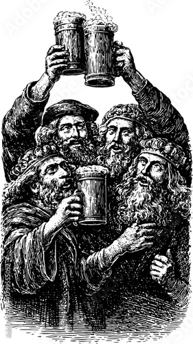 Group of men celebrating with beer mugs. Vintage drawing style showcasing festive clothing. Detailed vector illustration.