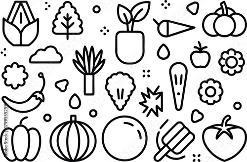 Healthy harvest: organic fruits, vegetables, and plants line icons set