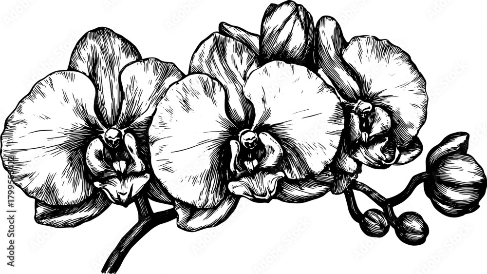Naklejka premium Orchid flower and bud set in black and white lineart. Vintage botanical vector illustration.