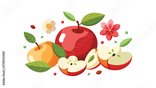 Vibrant Red and Yellow Apples with Leaves and Flowers on White Background fruit red apple