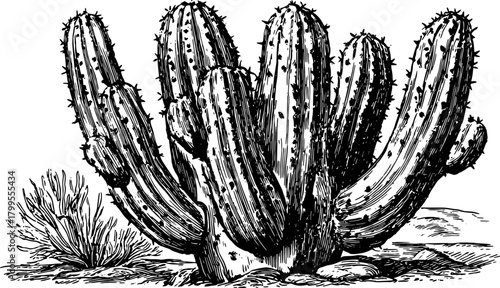 Cactus plant with spines in a black and white sketch. Botanical vector illustration with vintage handdrawn details.