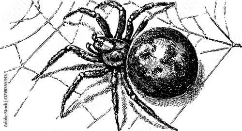 Vintage black and white outline illustration of a spider on its web. This detailed vector set showcases classic artistic style and texture.