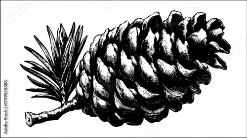 Pine cone and needles branch in handdrawn ink sketch style. Botanical black and white vector illustration with detailed texture.