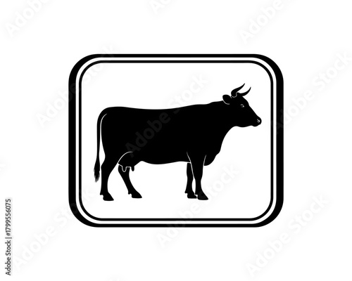 Black silhouette of a standing cow within a bold, thick-outlined square frame. Clean vector graphic for farm animals, agriculture, livestock, and branding projects