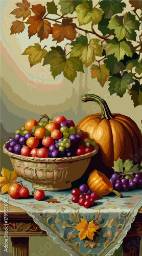 Harvest fruits displayed in rustic bowl